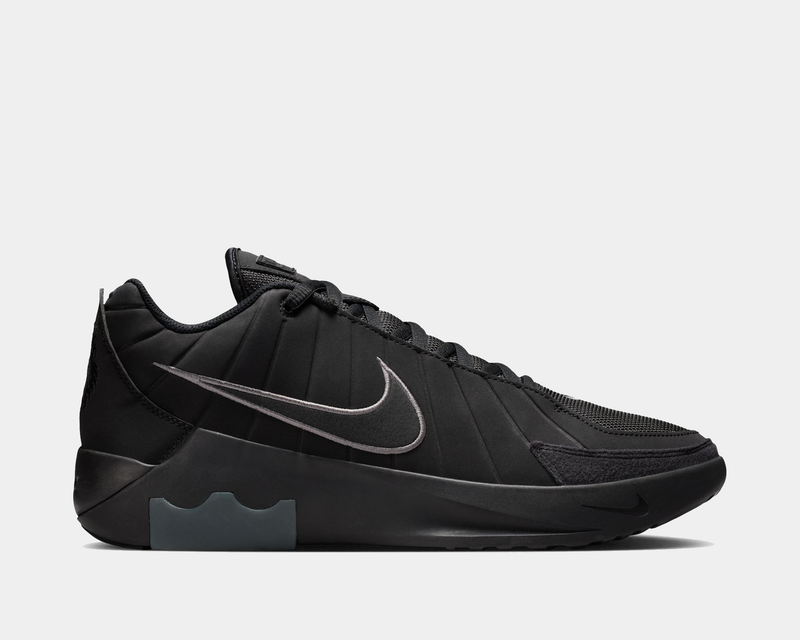 Nike LeBron Witness IX basketball shoes in black with tonal mesh upper, sleek side profile, and visible Nike Swoosh logo, side view.