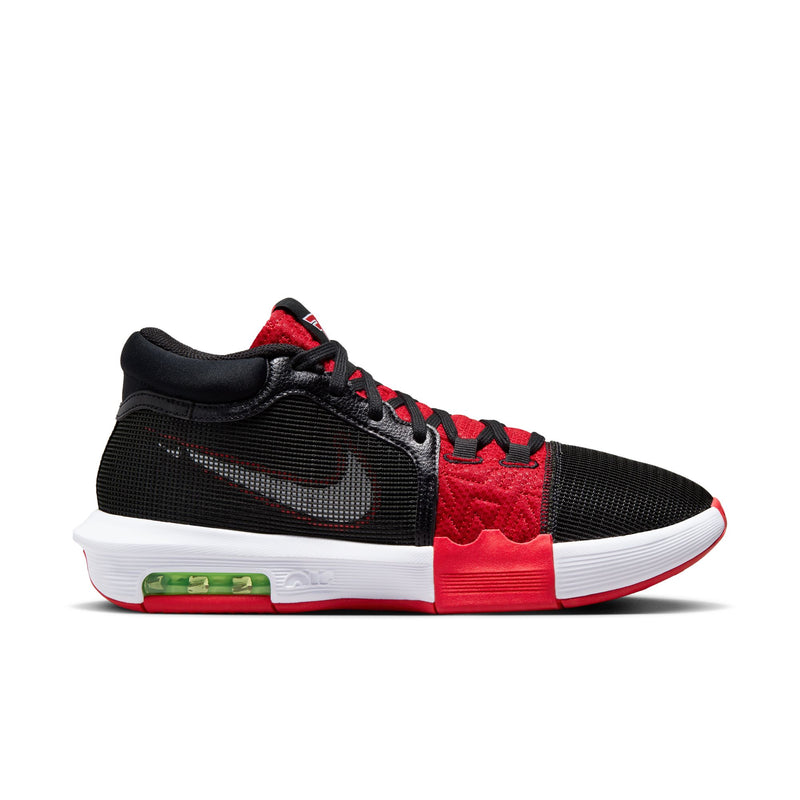 Nike LeBron Witness VIII x FaZe Clan basketball shoes in black and red with mesh panels, Zoom Air cushioning, and FaZe Clan branding, side view.