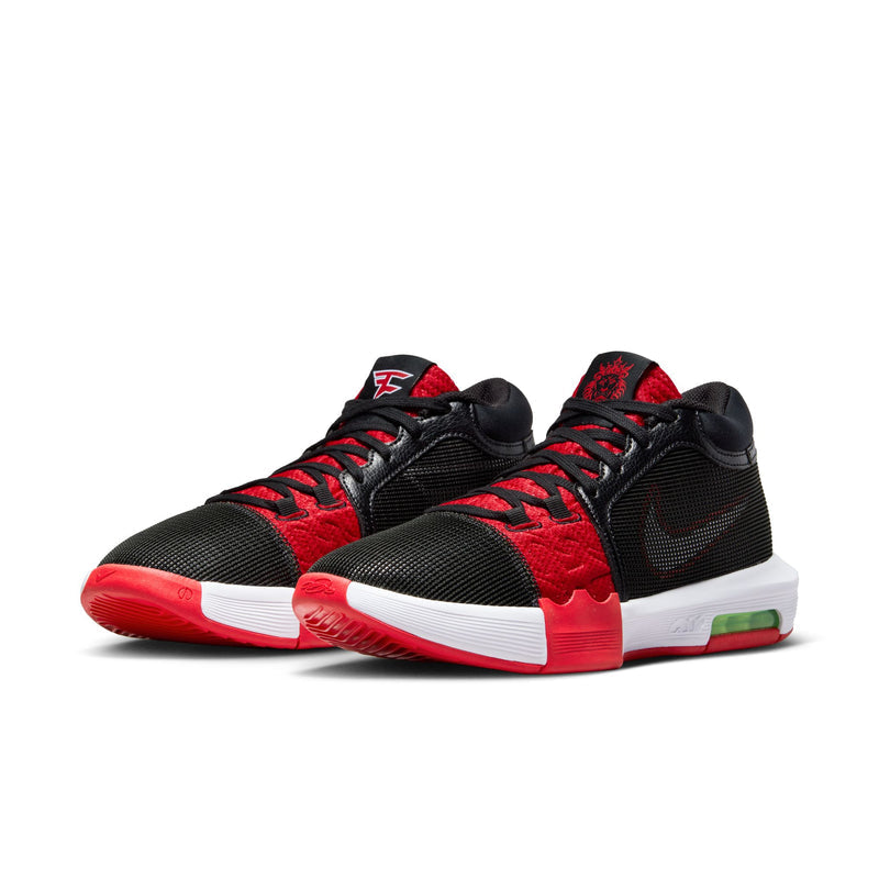 Nike LeBron Witness VIII x FaZe Clan basketball shoes in black and red with mesh uppers, FaZe Clan logo detail, and visible cushioning, front angle view.