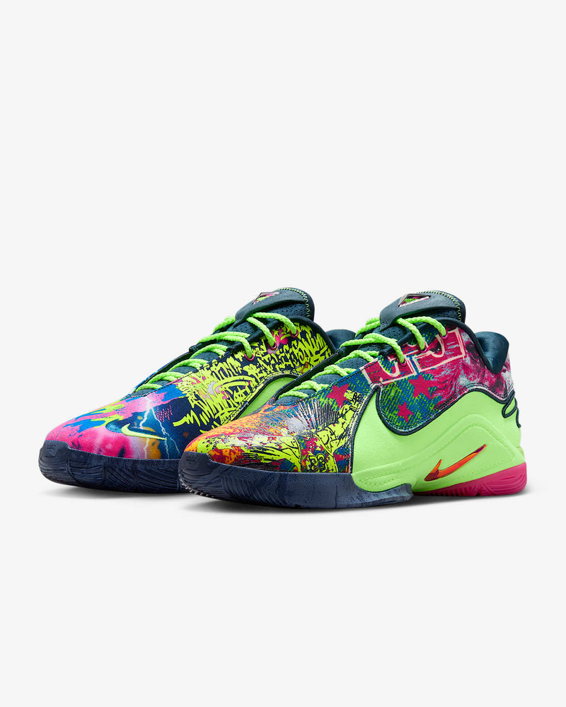 Nike LeBron XXII "Bryce's World" basketball shoes featuring vibrant multicolor graphic design, lime green accents, and red Swoosh logo, front angle view.
