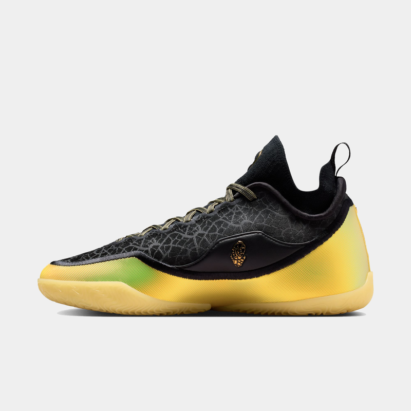 Nike LeBron XXIII Elite "Hurt Feelings" basketball shoes in black with gold and green gradient accents, featuring cracked graphic upper and gold logo detailing, side view.