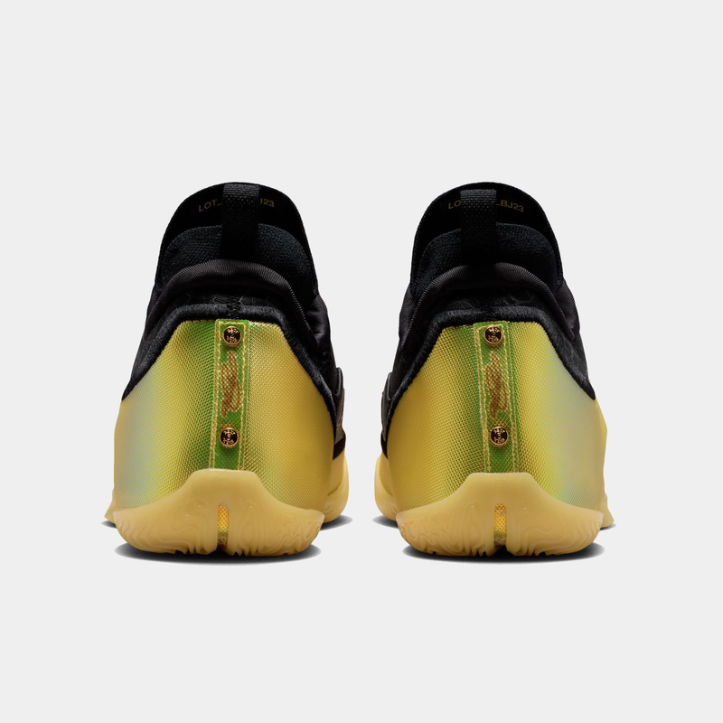 Nike LeBron XXIII Elite "Hurt Feelings" basketball shoes, back view showing black knit upper and metallic gold heel with green accents