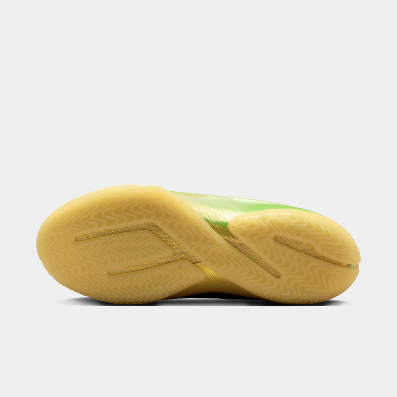 Nike LeBron XXIII Elite "Hurt Feelings" basketball shoes, sole view showing textured yellow outsole with wavy traction pattern.