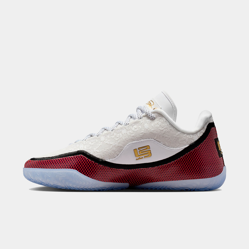 Nike LeBron XXIII "Grand Opening" basketball shoes, side view featuring textured white upper, red mesh detailing, gold logo accents, and translucent outsole.