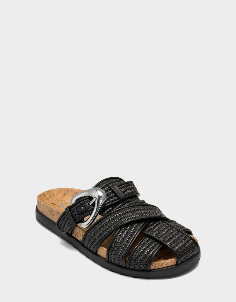 Comfortable Women's Mule in Black Basket Raffia Side Angle View