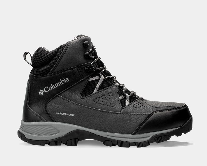 Columbia Liftop hiking boots in black with waterproof leather upper, durable rubber outsole, and secure lace system, side view.