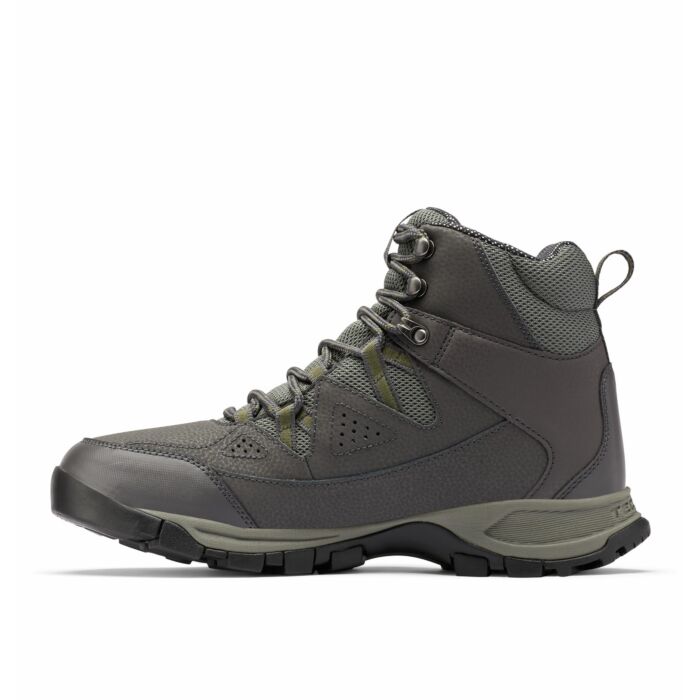 Columbia Liftop hiking boots in dark gray with textured leather upper, breathable mesh panels, and non-slip rubber outsole, side view.