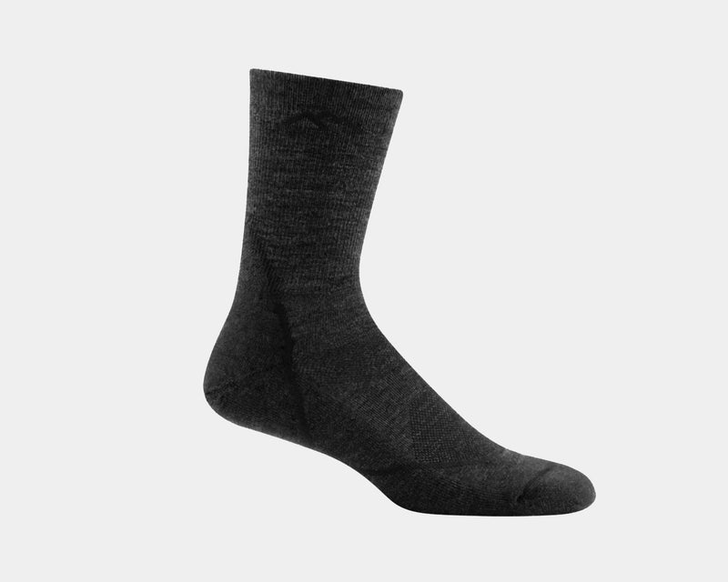 Darn Tough Light Hiker Micro Crew Light Cushion hiking socks in dark gray with light cushioned footbed and durable knit, side view.