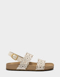 Comfortable Women's Footbed Sandal in Cream Perf Faux Nubuck Side View