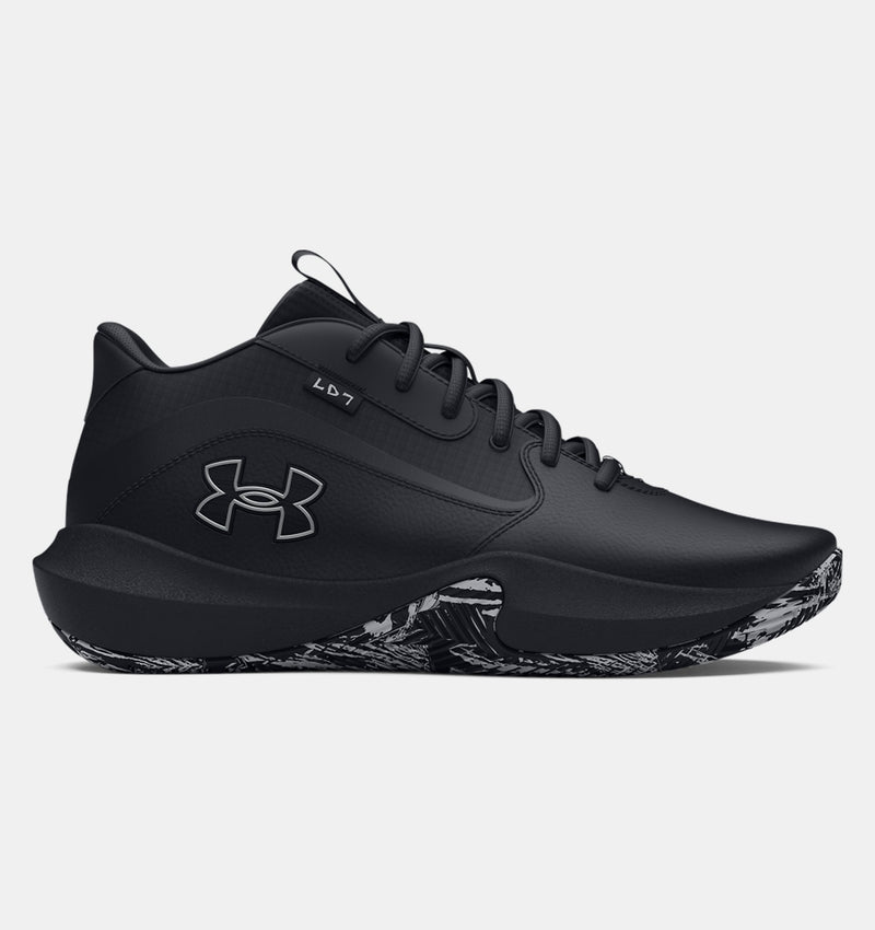 Under Armour Lockdown 7 basketball shoes in black with textured midsole design, side view.