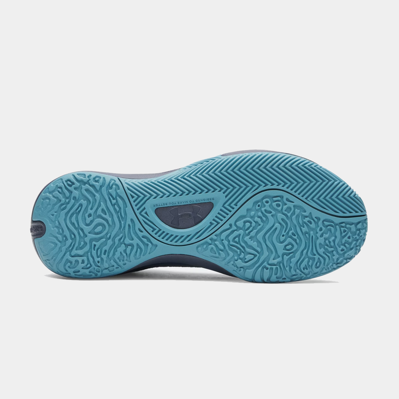 Under Armour Lockdown 7 basketball shoes, blue outsole with unique traction pattern, sole/bottom view.