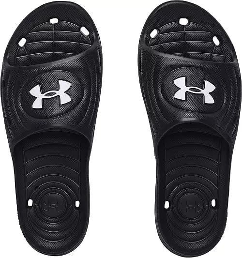 Under Armour Locker IV SL slides in black with textured footbed, ventilation holes, and white logo, top view.