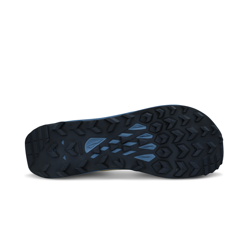 Black shoe sole with blue accents and textured grip pattern