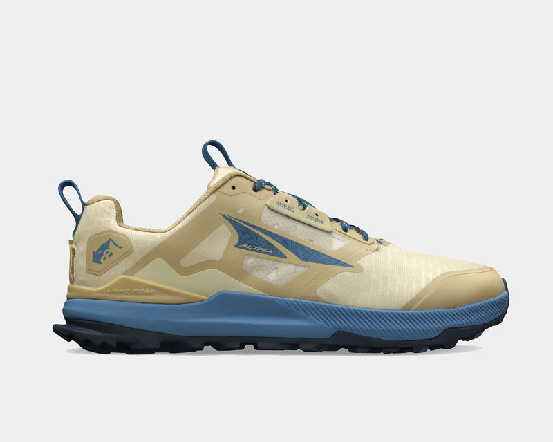 Beige and blue athletic shoe with logo