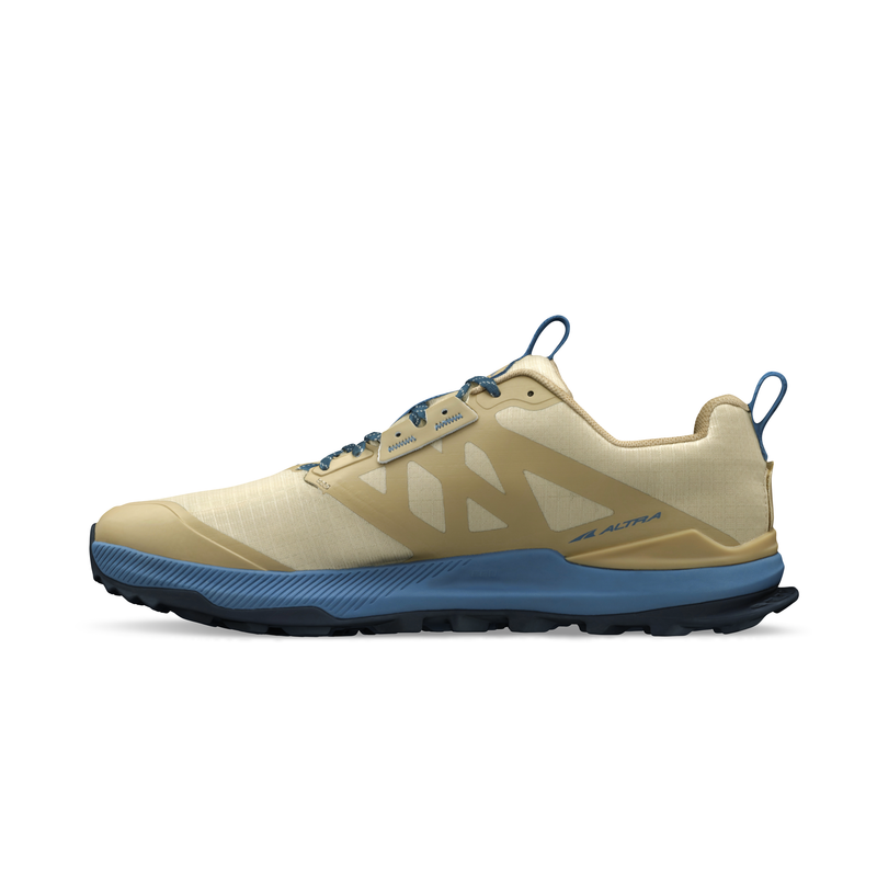 Tan and blue trail running shoe