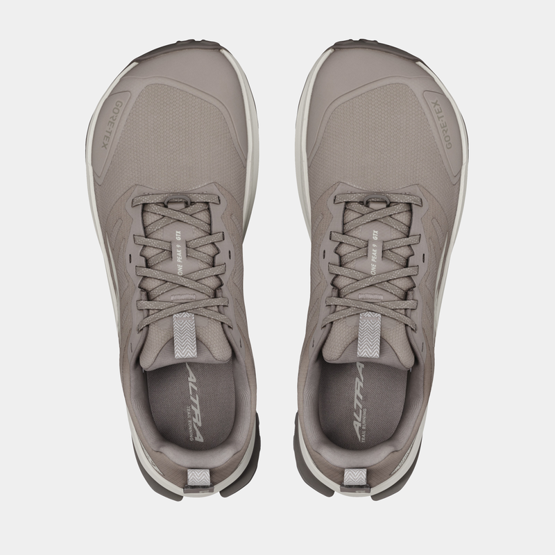 Altra Lone Peak 9 GTX trail running shoes in gray with GORE-TEX upper and durable lace system, top view.