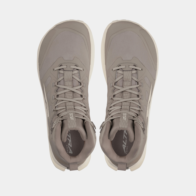 Altra Lone Peak 9 Waterproof Mid hiking boots in taupe with durable mesh upper and lace-up design, top view.