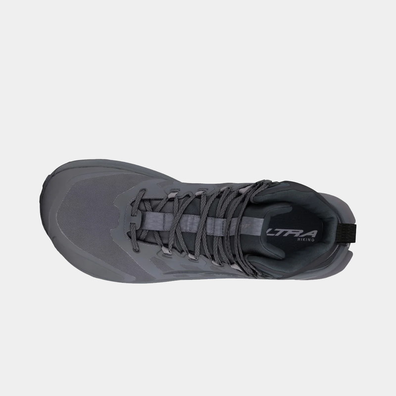 Altra Lone Peak 9 Waterproof Mid hiking shoe in gray with mesh upper and reinforced mid-cut design, top view.