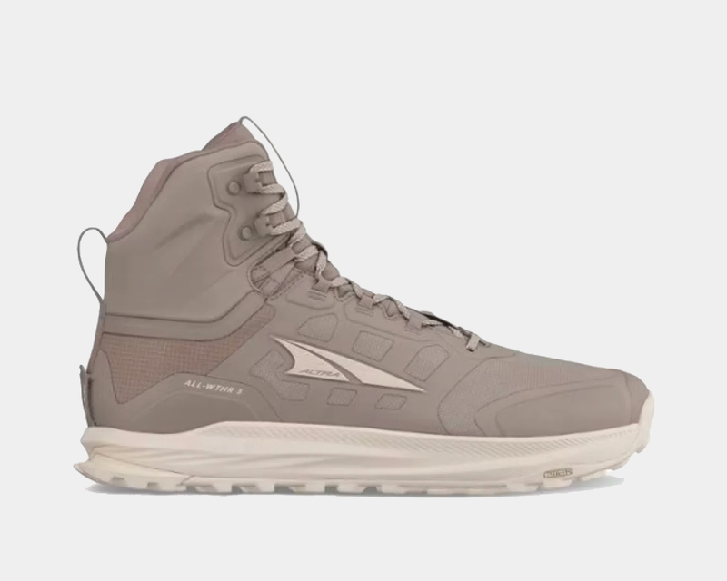 Altra Lone Peak 9 Waterproof Mid hiking boots in taupe with a mid-ankle design, reinforced ripstop upper and grippy outsole, side view.