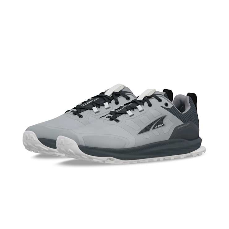Altra Lone Peak 9 Waterproof trail running shoes in gray with black accents, waterproof upper and rugged outsole, front angle view.