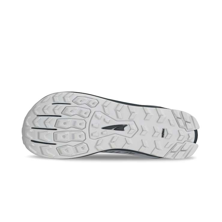 Altra Lone Peak 9 Waterproof trail running shoes outsole, featuring durable tread pattern and white rubber for traction.