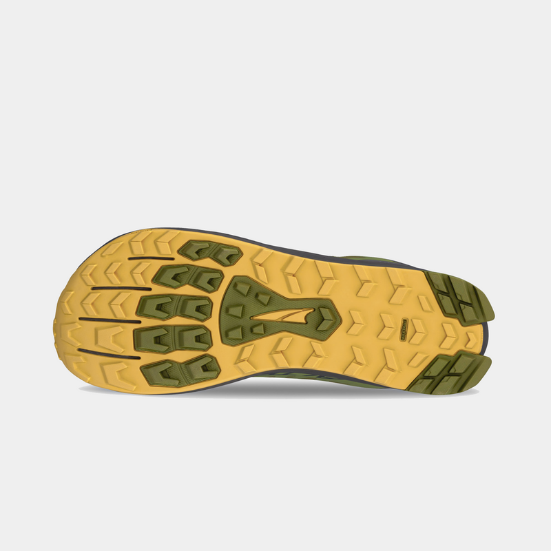 Altra Lone Peak 9 Waterproof trail running shoes outsole with multi-directional lugs, yellow and green rubber, bottom view.