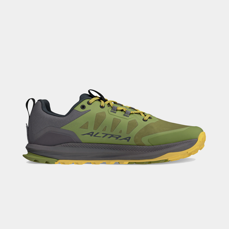 Altra Lone Peak 9 Waterproof trail running shoes in green and yellow with breathable upper and rugged outsole, side view.