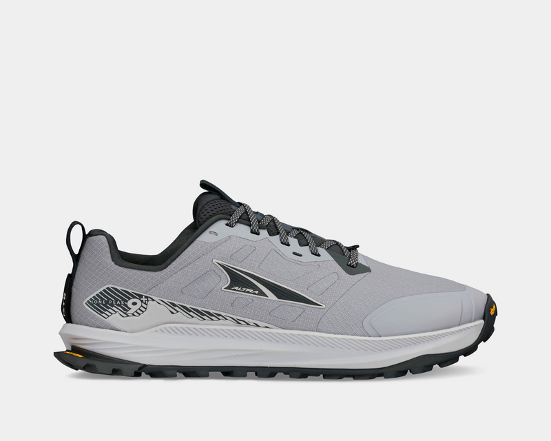 Altra Lone Peak 9+ trail running shoes in light gray with black accents, durable mesh upper, and rugged outsole, side view