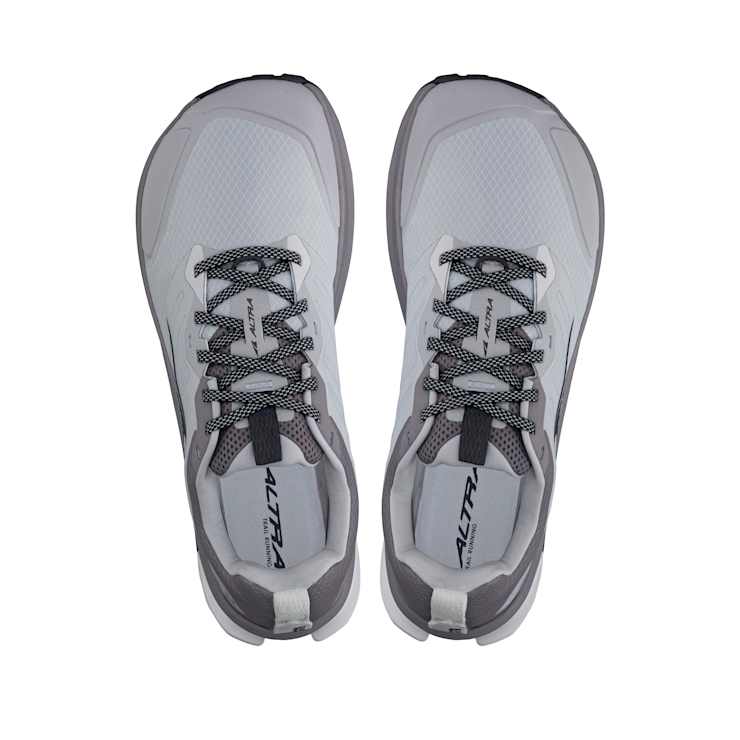 Altra Lone Peak 9 trail running shoes top view showing white mesh upper, gray overlays, and black patterned laces.