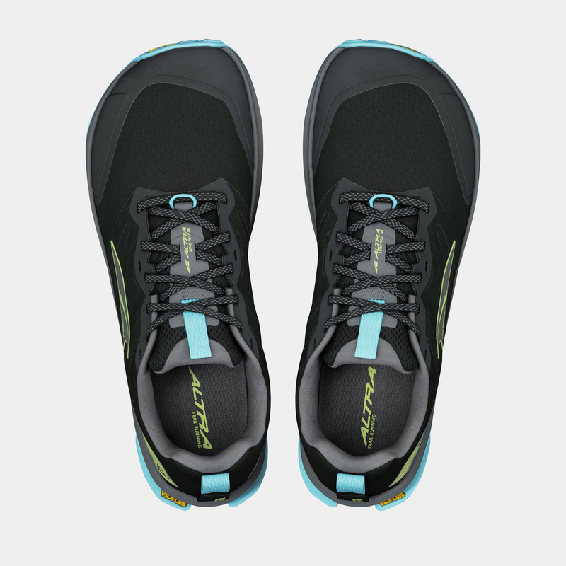 Altra Lone Peak 9+ trail running shoes top view showing black upper with blue accents and cushioned collar.