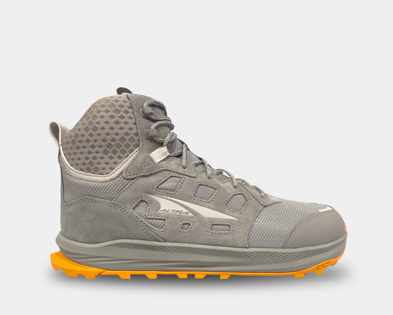 Altra Lone Peak Hiker 3 hiking boots in gray with mesh and suede upper, orange outsole, side view.