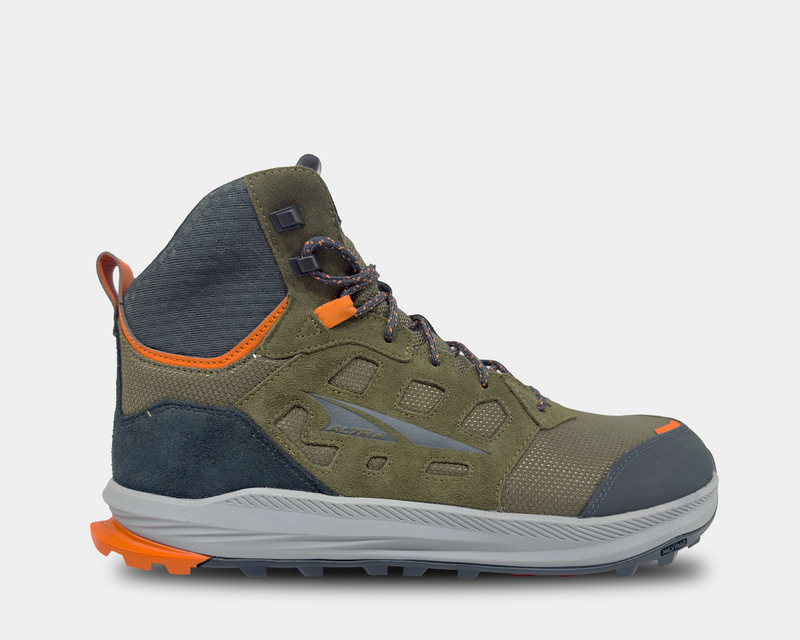 Altra Lone Peak Hiker 3 hiking boots in olive green with orange accents, durable mesh overlays, and rugged outsole, side view.