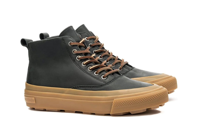SeaVees Mammoth Boot casual boots in dark gray leather with gum rubber outsoles and brown laces, side view.