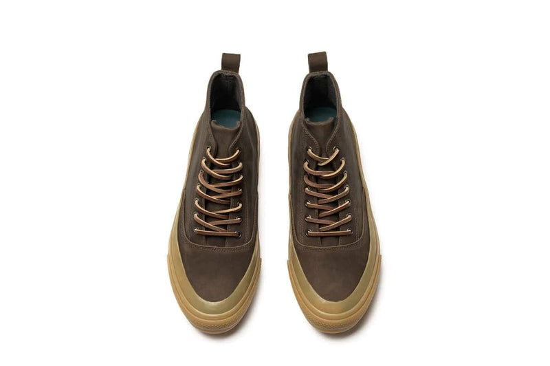 SeaVees Mammoth Boot in brown with tan sole and laces, featuring a durable leather upper and pull tabs, top view.
