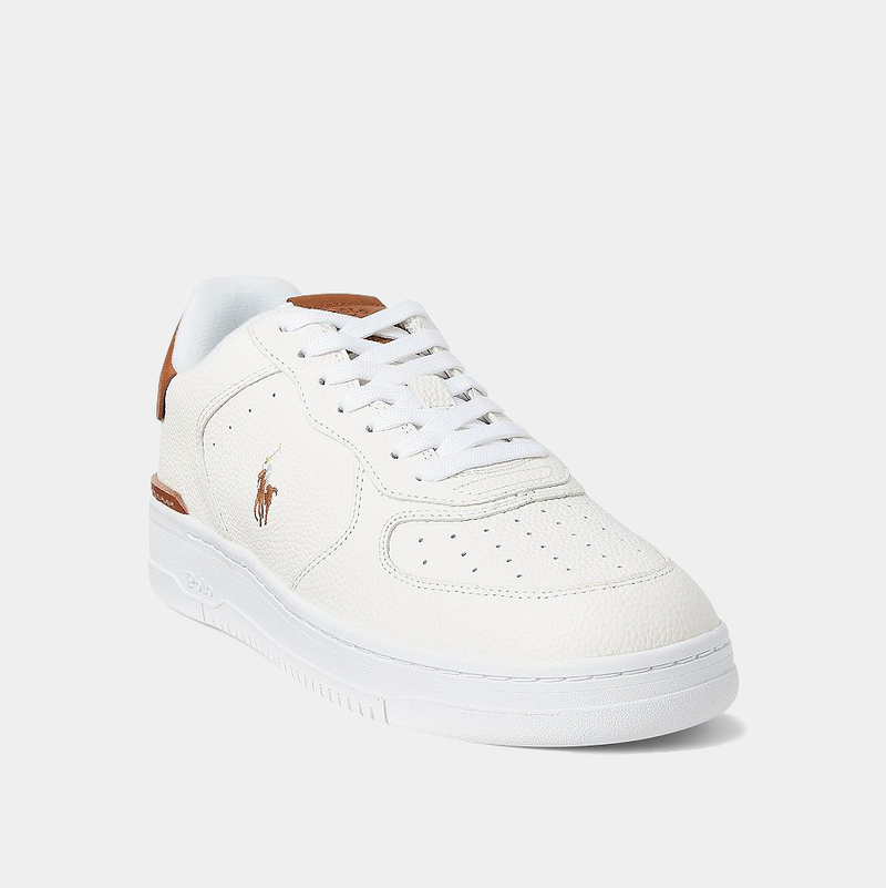 Polo Ralph Lauren Masters Court Leather sneakers in white tumbled leather with brown logo detailing, front-side angle.