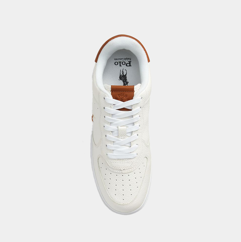 Polo Ralph Lauren Masters Court Leather sneakers in white with perforated leather upper and brown accent, top view showing lace-up design