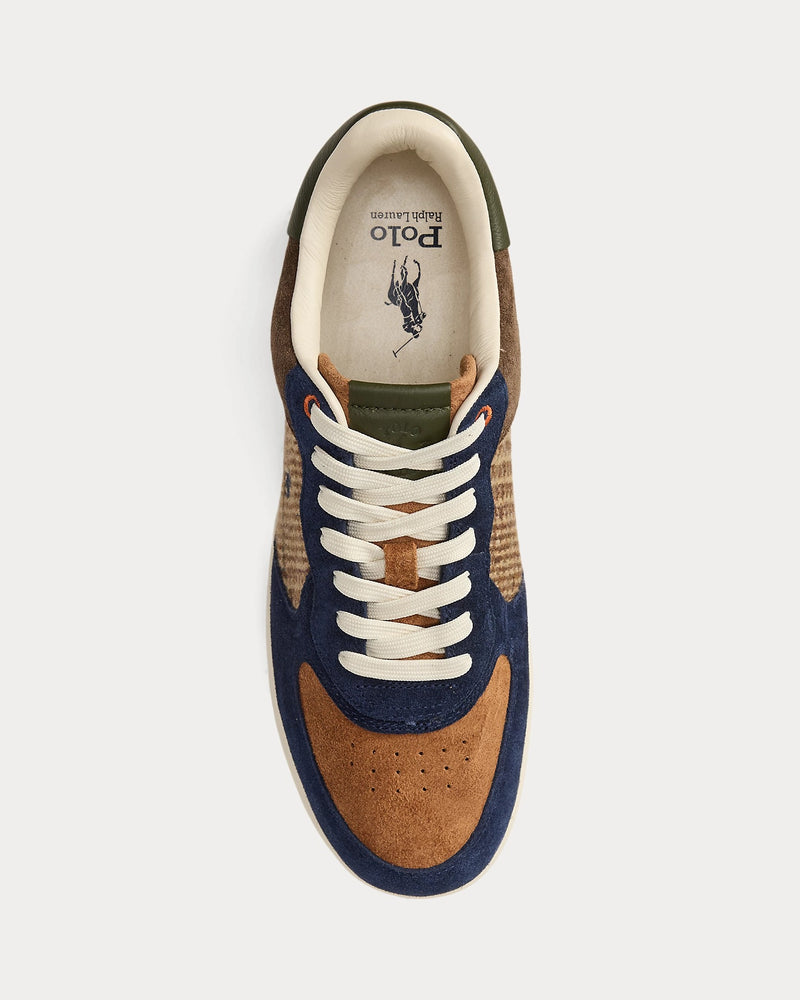 Polo Ralph Lauren Masters Court Suede & Tweed Sneaker with navy suede, brown tweed, and tan details, top view.
