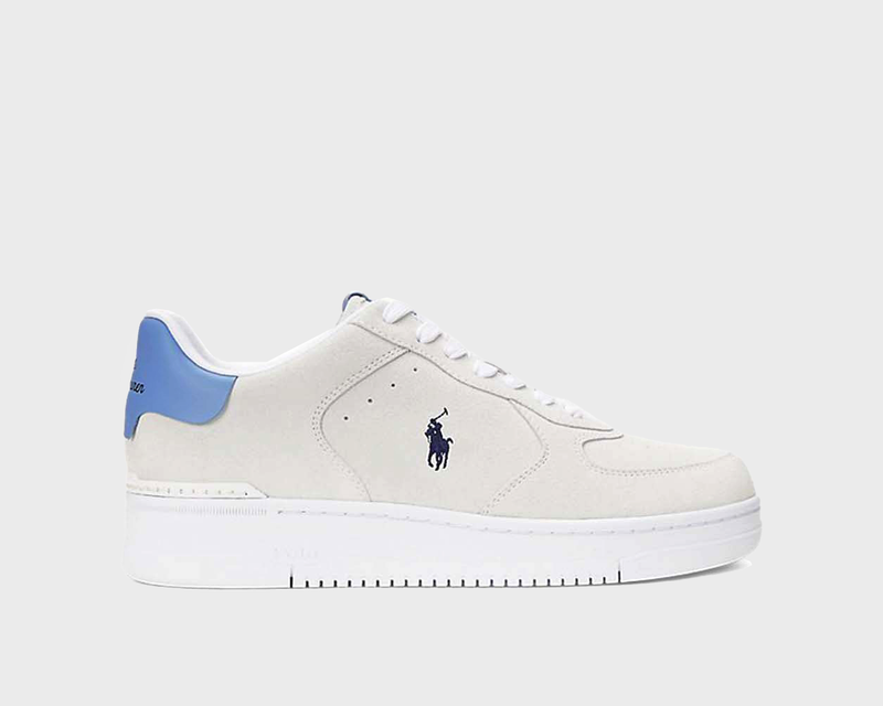 Polo Ralph Lauren Masters Court Suede sneakers in off-white suede with blue heel accent and embroidered logo, side view.