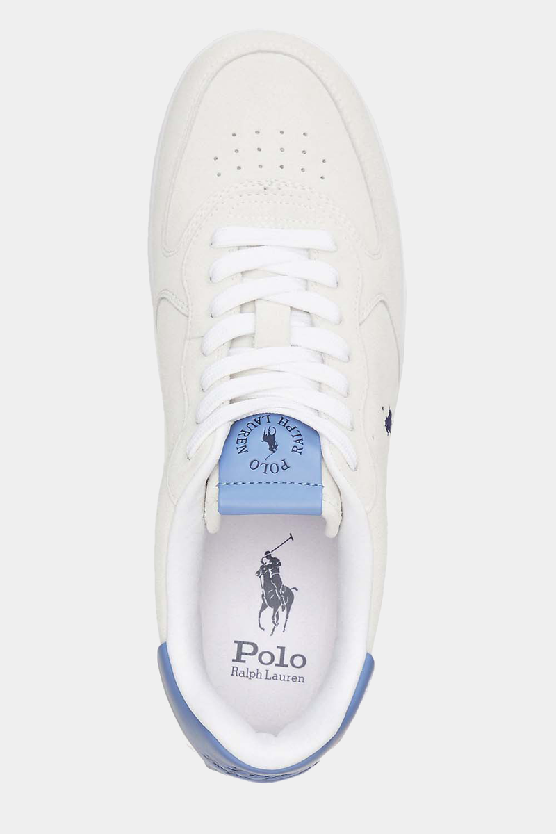 Polo Ralph Lauren Masters Court Suede sneakers in off-white suede with perforated toe box and blue branded tongue patch, top view.
