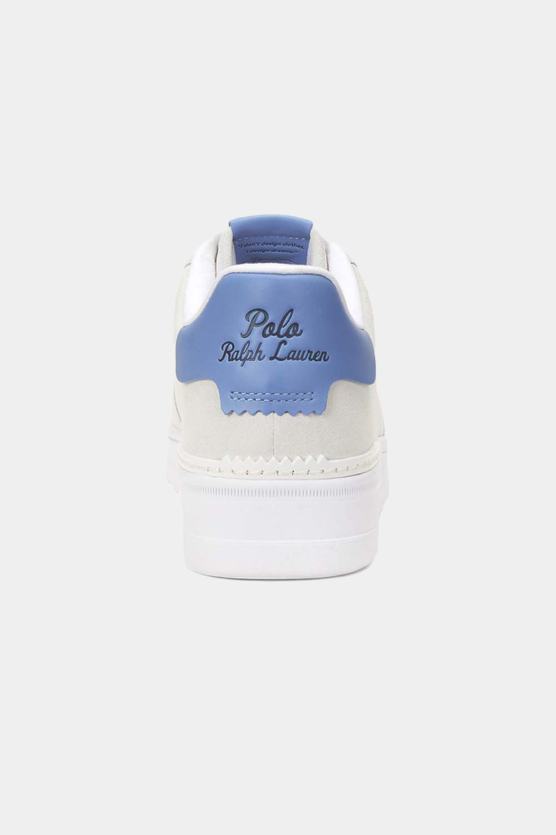 Polo Ralph Lauren Masters Court Suede sneakers back view with light gray suede upper, blue heel tab, and white sole detailing.