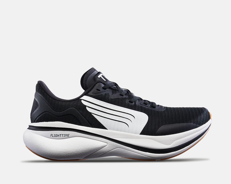 TYR Maverick V1 Runner shoes in black with a white midsole, FlightTime cushioning, and a sleek mesh upper, side view.