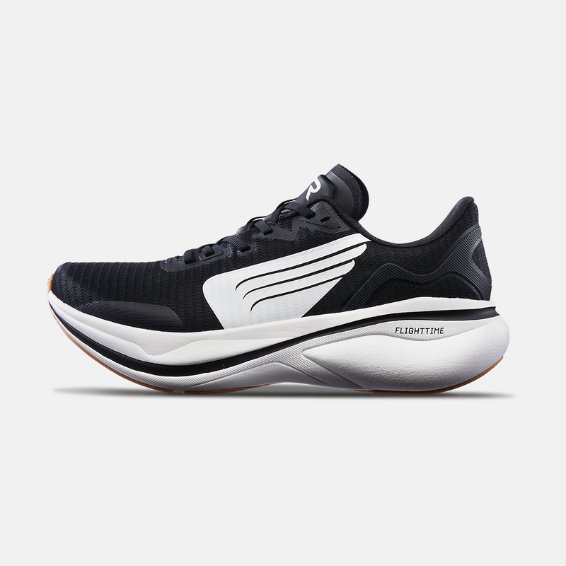 TYR Maverick V1 Runner running shoes in black with white accents, breathable mesh upper, and Flighttime cushioned midsole, side view.