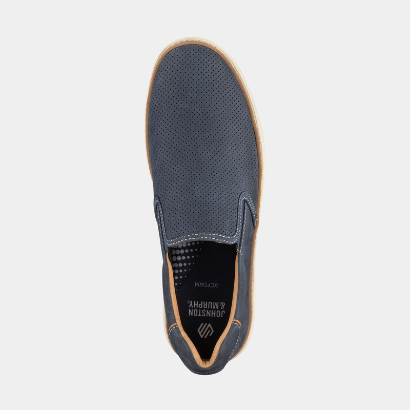 Johnston & Murphy McGuffey 2 Perfed Slip-On shoe in navy leather with perforated upper, top view.