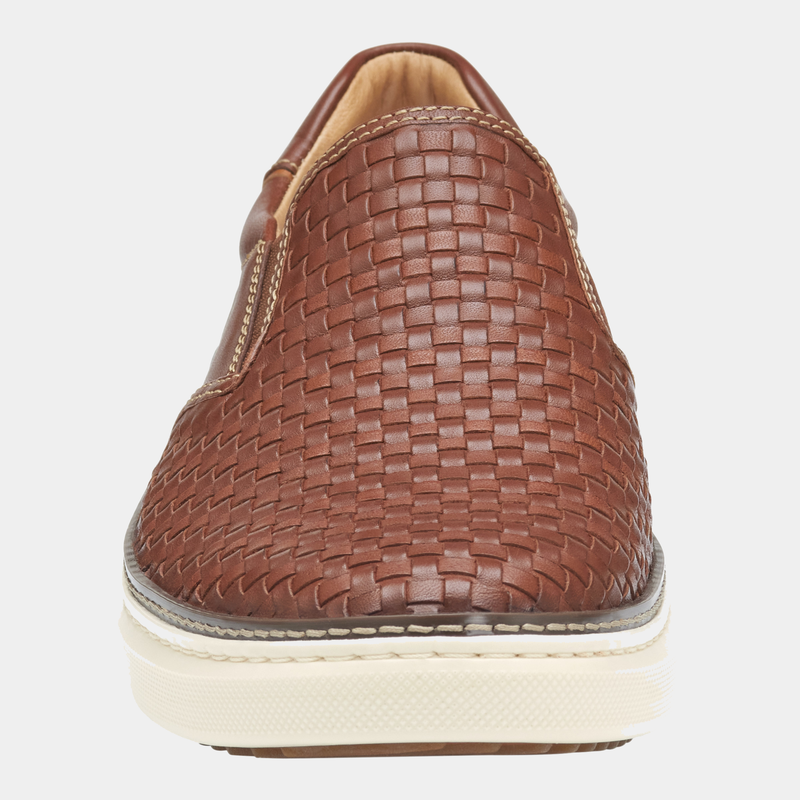 Johnston & Murphy McGuffey 2 Woven Slip-on shoes in tan leather with a woven texture and white sole, front view.