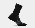Feetures Merino 10 Ultra Light Cushion Mini Crew socks in black with targeted compression and seamless toe, side view.