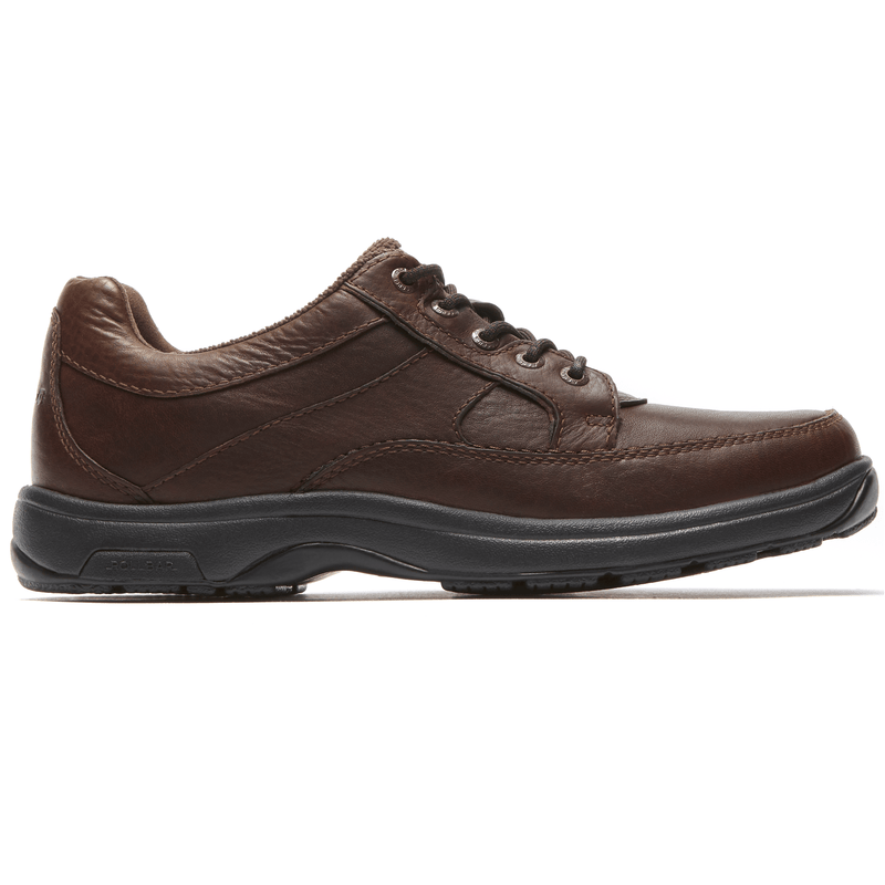 Dunham Midland Oxford shoes in brown leather with contrast stitching and a black rubber sole, side view.