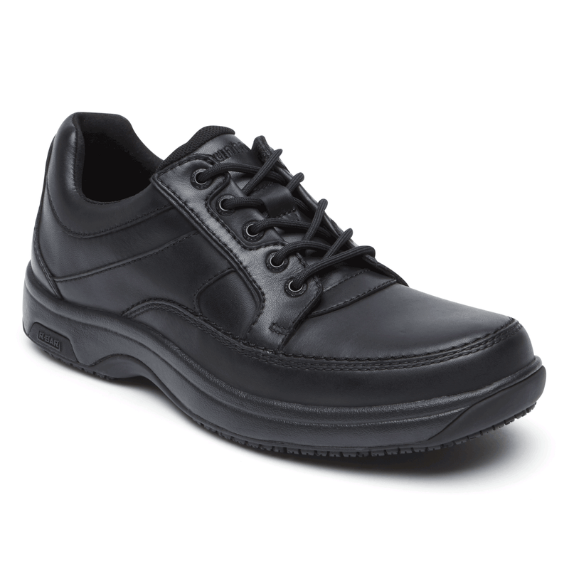 Dunham Midland Service shoes in black leather with lace-up design and cushioned sole, side-front view.