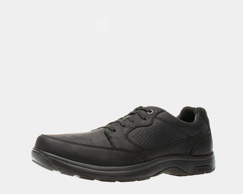 Dunham Midland Service shoes in black with leather upper, perforated side panels, cushioned sole, and lace-up closure, side view.