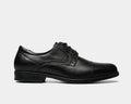 Florsheim Midtown Cap Oxford dress shoes in black leather with cap toe design and stacked heel, side view.
