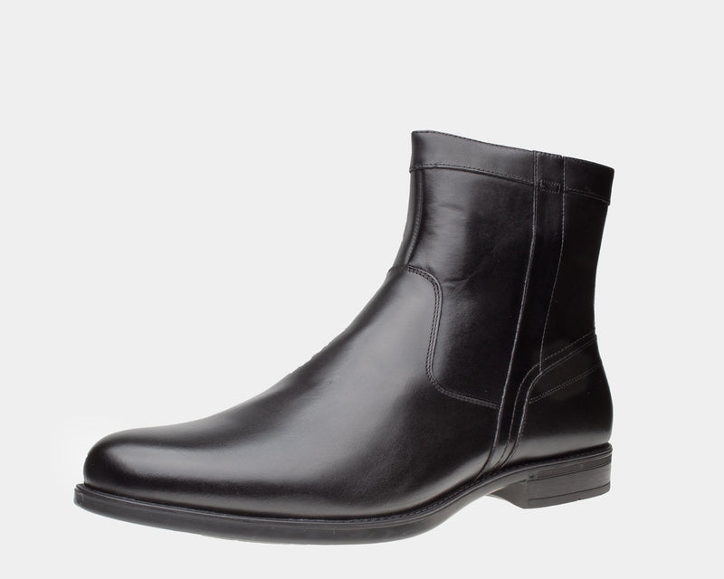 Florsheim Midtown PT Zipper Boot in black leather with sleek polished finish and side zipper on low stacked heel, side view.